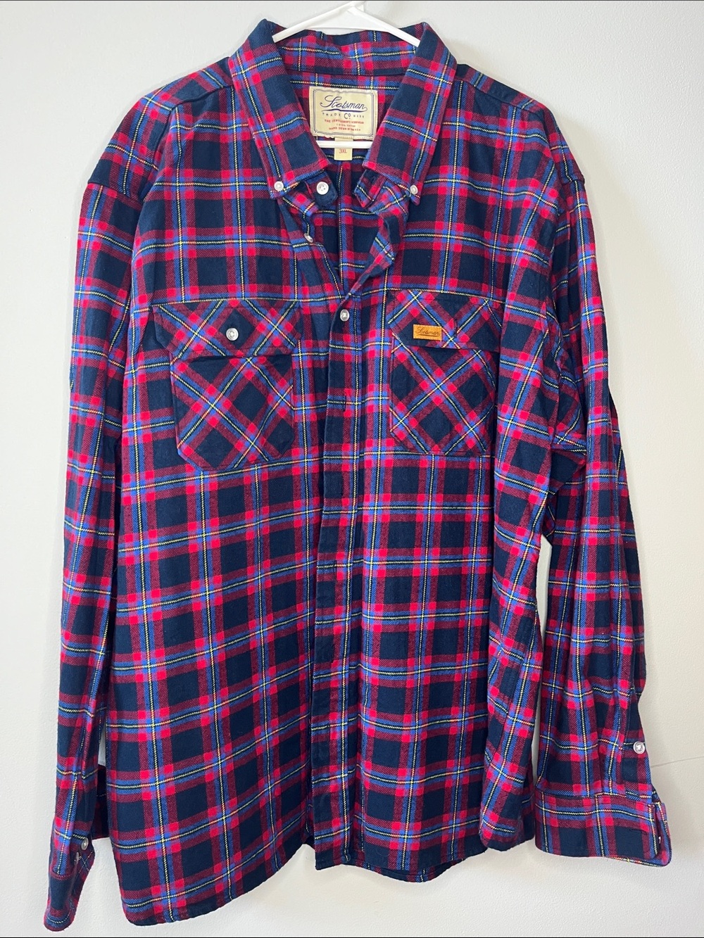 Scotsman Trade Mark Co Flannel Shirt Men XL Red Plaid Made in USA Hand Sewn